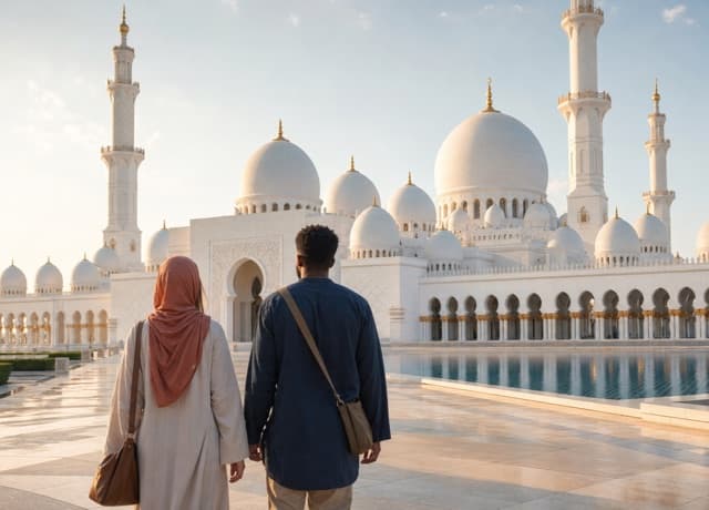 Travelers arriving at Sheikh Zayed Grand Mosque on an Abu Dhabi day trip