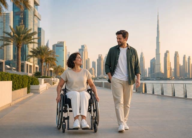 Wheelchair user and companion exploring an accessible Dubai promenade