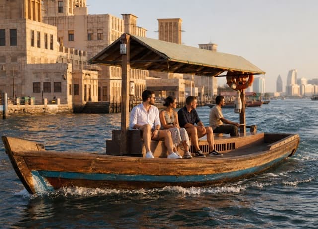 Traditional abra carrying travelers past heritage buildings on Dubai Creek
