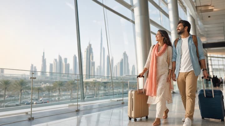 Indian couple arriving at Dubai airport with suitcases
