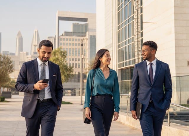 International business travelers walking to a meeting in Dubai's financial district
