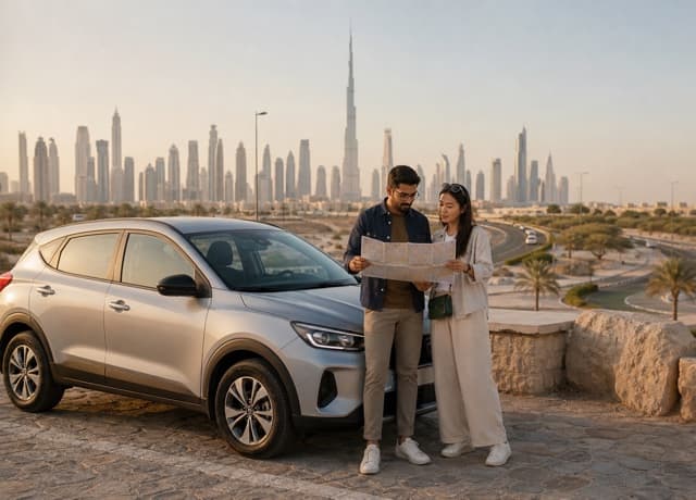 Travelers planning a Dubai drive beside a rental car and skyline