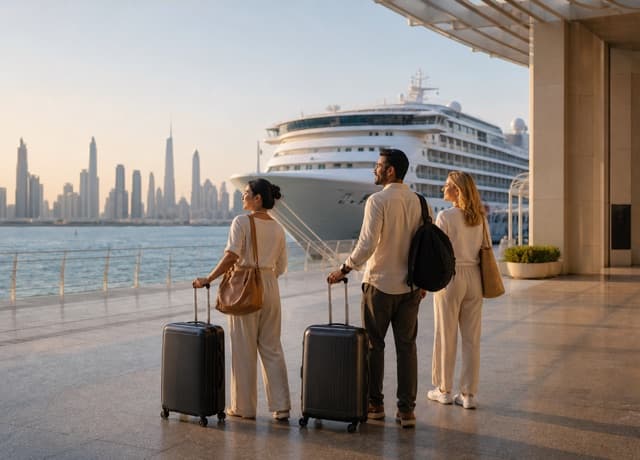 Cruise travelers with luggage at a Dubai waterfront terminal