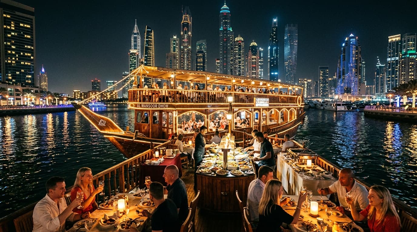 Illuminated dinner dhow cruising past Dubai Marina towers