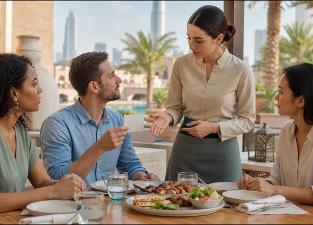 Travelers discussing food allergy requirements with a Dubai restaurant server