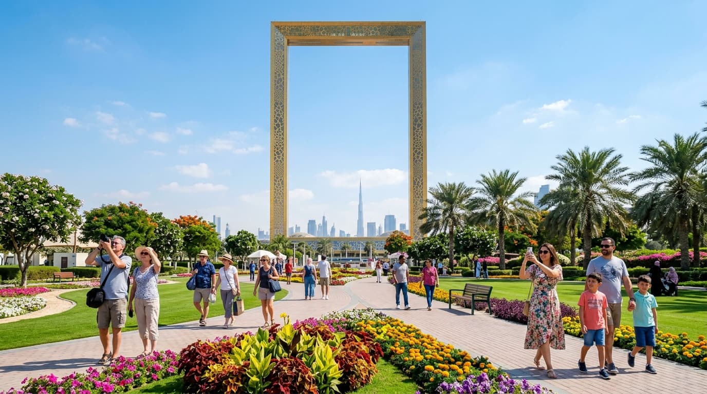 Dubai Frame architectural landmark standing in Zabeel Park