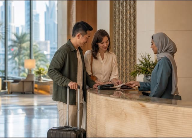 Travelers confirming a Dubai hotel booking and deposit at reception