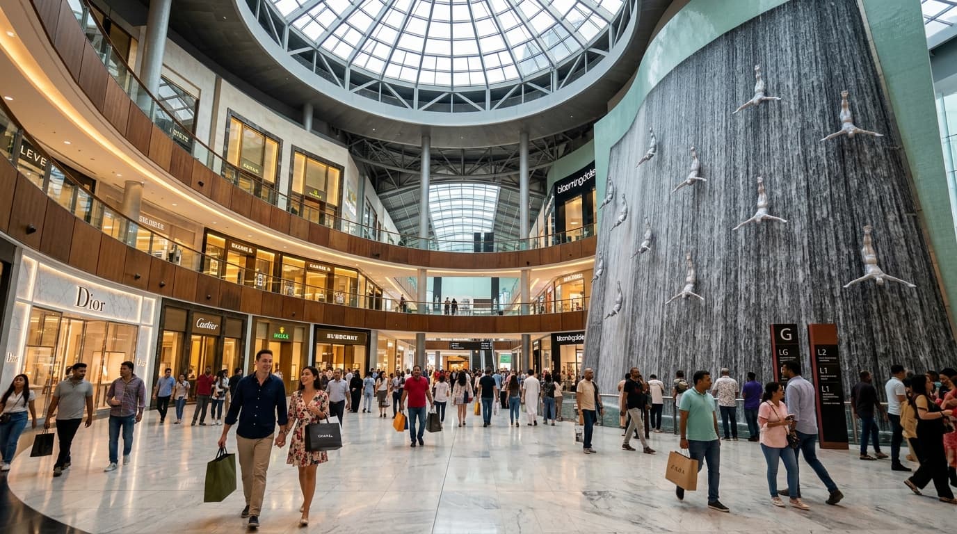 Grand waterfall atrium inside Dubai Mall with shoppers