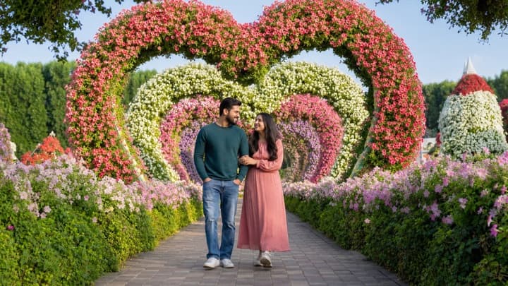 Dubai Miracle Garden vibrant floral displays and heart tunnels