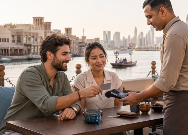 Travelers using a payment card at a Dubai Creek cafe