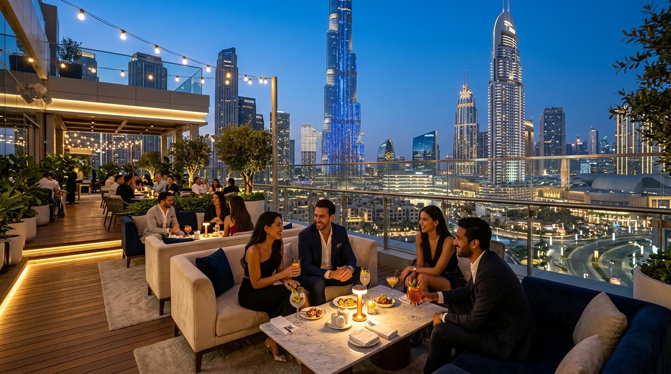 Rooftop lounge overlooking Burj Khalifa and illuminated Dubai skyline