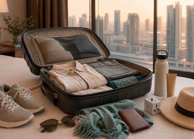 Open suitcase with lightweight Dubai travel clothing, sun hat and walking shoes