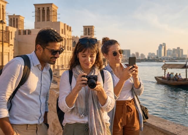 Travelers photographing Dubai Creek and Al Fahidi architecture at golden hour