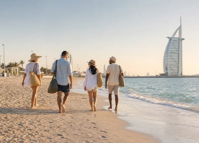 Public beach and Dubai skyline