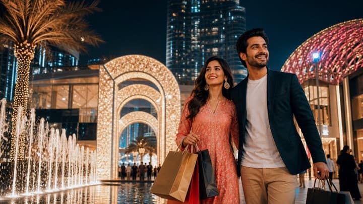 Shoppers and sales displays during Dubai Shopping Festival