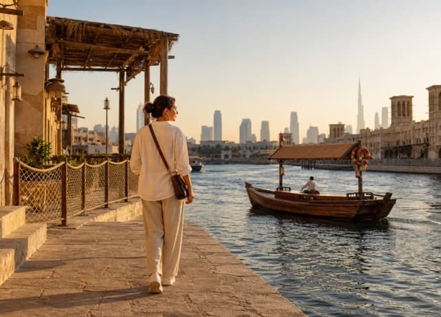 Solo traveler exploring Dubai Creek with an abra and skyline