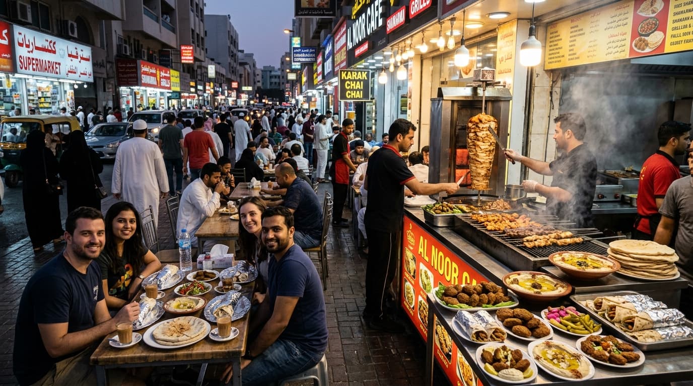 Street food dining in Deira and Karama with fresh shawarma and grills