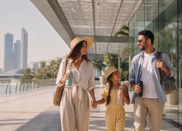 International family carrying water bottles on a shaded Dubai waterfront in summer