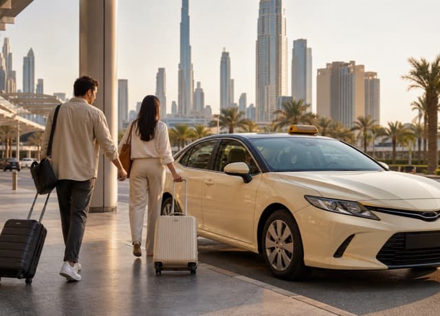 Dubai taxi at a city pickup point with international travelers and luggage