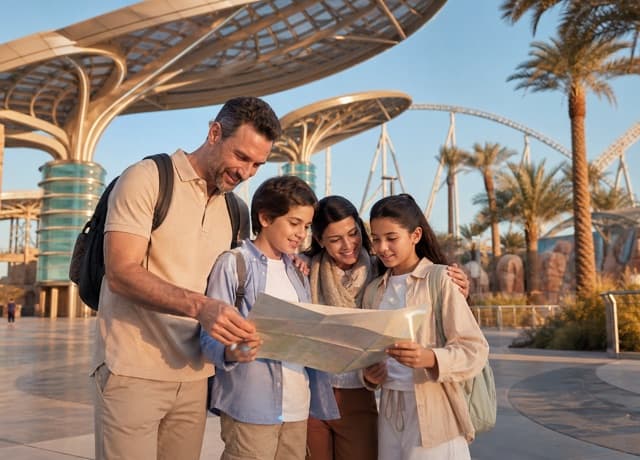 Family planning a Dubai theme park day at a modern amusement park