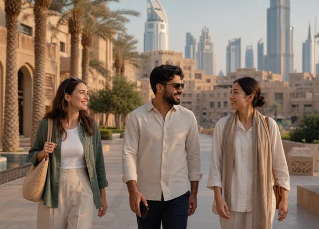 International travelers walking respectfully through a modern Dubai public promenade