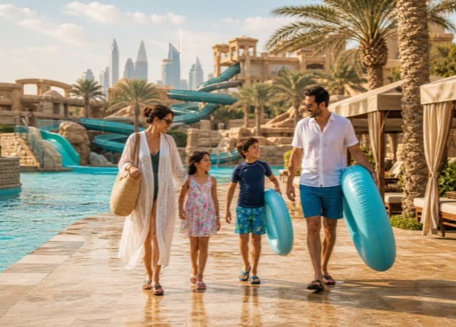 Family arriving at a Dubai waterpark with slides and turquoise pools