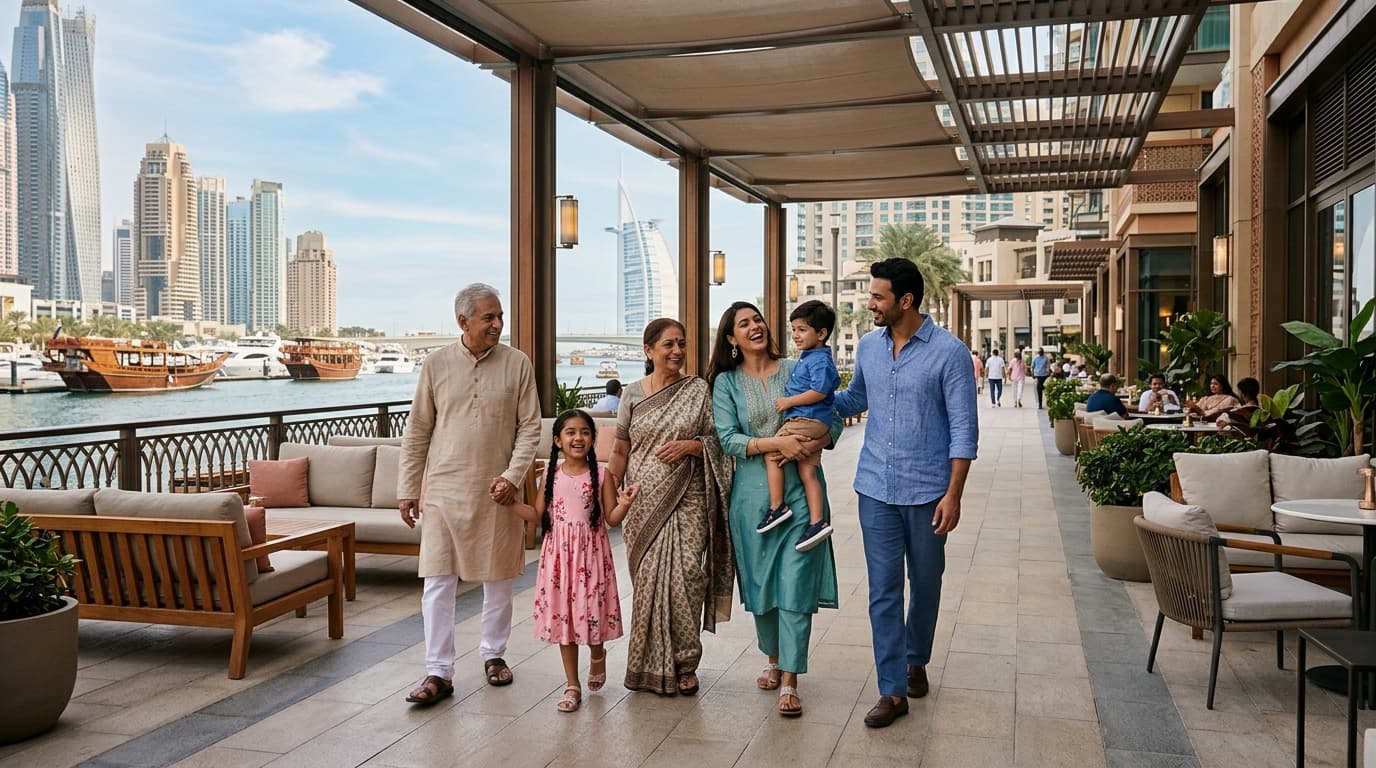 Family with senior parents enjoying an accessible Dubai promenade