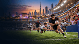 Rugby sevens action and family spectators in Dubai