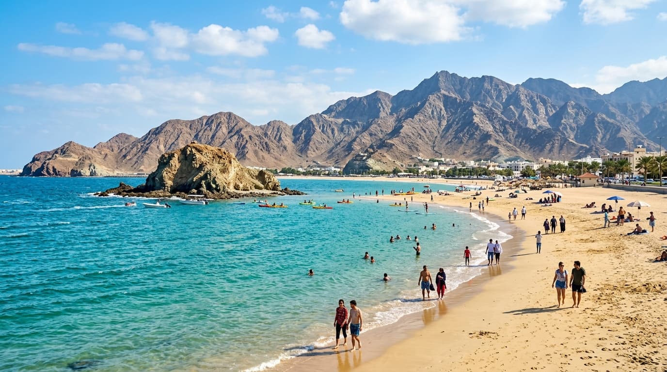Scenic Snoopy Island beach and mountains in Fujairah UAE