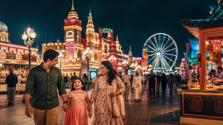 Global Village Dubai illuminated pavilions and crowds