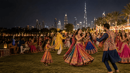 Indian families celebrating Navratri with dandiya in Dubai