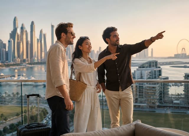 International travelers comparing Dubai hotel areas from a waterfront terrace