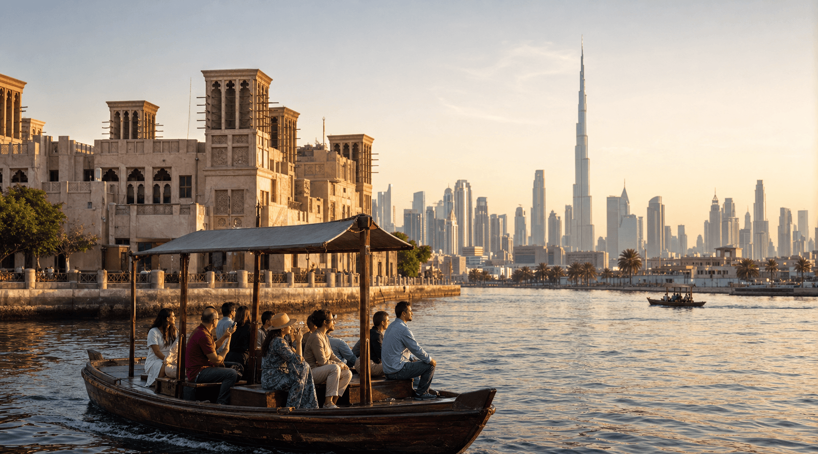 An abra crossing Dubai Creek between Al Fahidi and the modern Dubai skyline