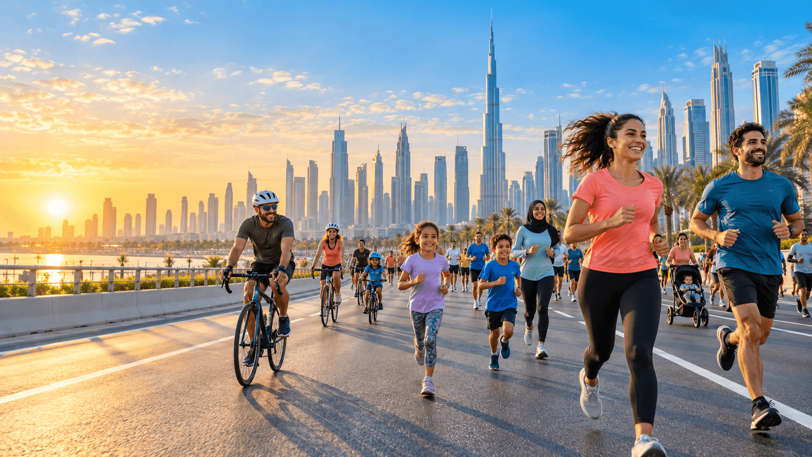 Families running and cycling during Dubai Fitness Challenge