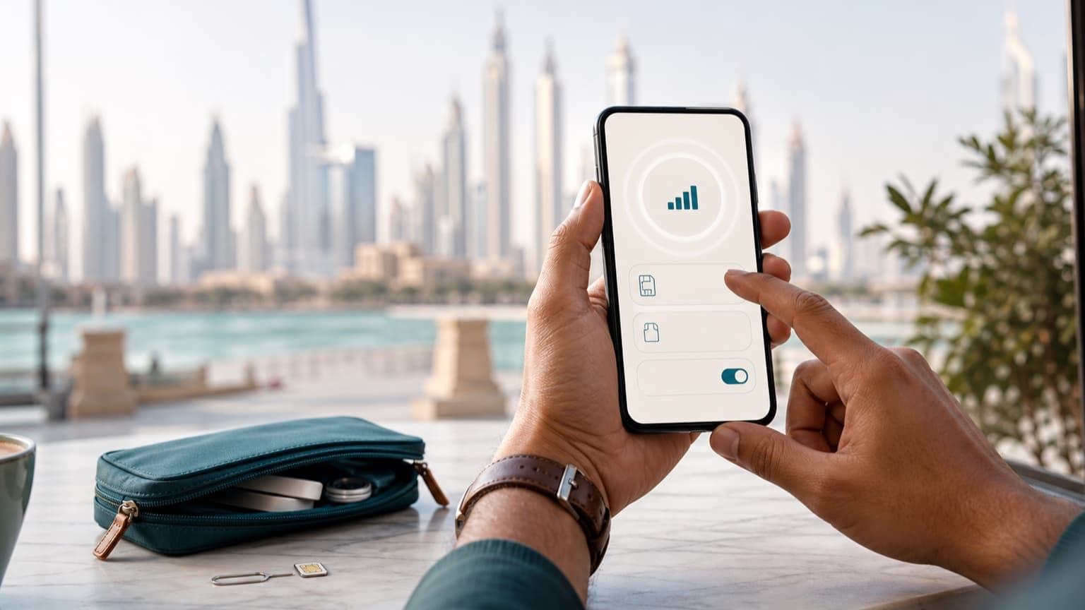 Indian couple checking a smartphone beside the Dubai Marina skyline