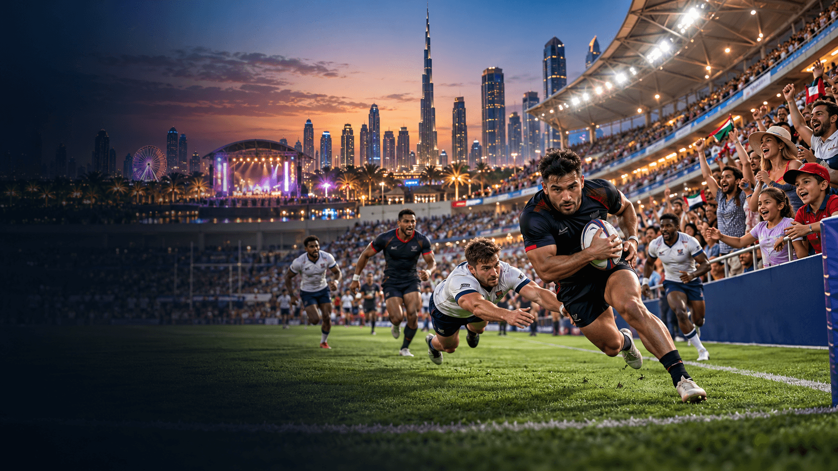 Rugby sevens action and family spectators in Dubai